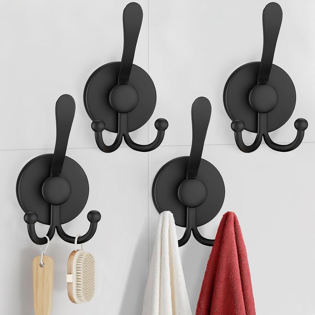 Suction Cup Hooks, Vacuum Power Heavy Duty Shower Hooks for Inside Shower, No Drill Towel Hooks for Bathroom Wall, Kitchen, Glass, Mirror, Tile to Hang Towels, Robes, Loofah, Black (4 Pack)