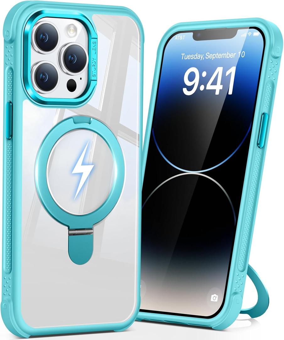 Magnetic Ring Stand Case for iPhone 14 pro max, 16FT Military-Grade Protection Shockproof, Non-Slip, Anti Scratch, Textured Grip & Clear Back for Hands-Free Video Calls (Clear Lake Blue)