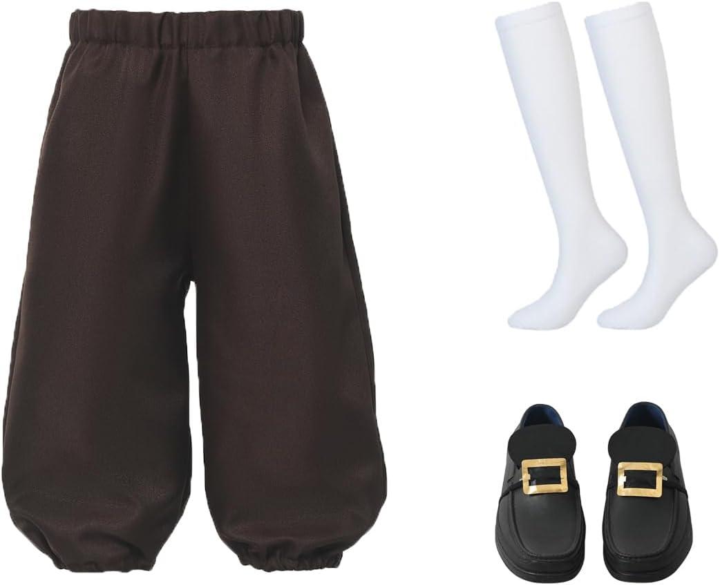 Boys Colonial Costume Set Knicker Pants Shoe Buckles White Socks Accessories for Colonial Style Boys Knicker Pants, Brown, 8