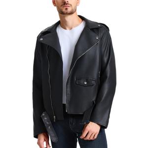 WULFUL Men's Leather Jackets, Faux Bomber Jacket for Men Motorcycle Lapel Asymmetric Zip-Up Slim Fit Biker Coat (Black)