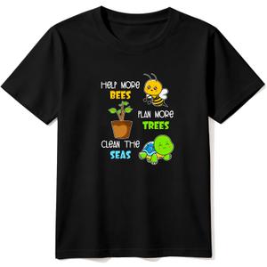 HELLO MEOW Earth Day Shirts for Kids: Cute Planet Earth Crewneck Cotton T-Shirt for Toddler Boys & Girls, 6-7 Years, Black Bee Turtle