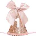Rose Gold 1/2 Birthday Hat - Bow Birthday Party Decorations, Glitter Number Cone Hat, Princess Bow Hat
