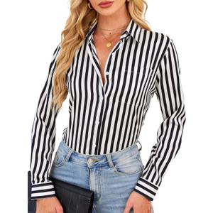BBIBBI Black Collared Shirts for Women Button Down Shirt and White Tops Striped Clothes Long Sleeve Up Blouse Dressy Top Black Size XXL