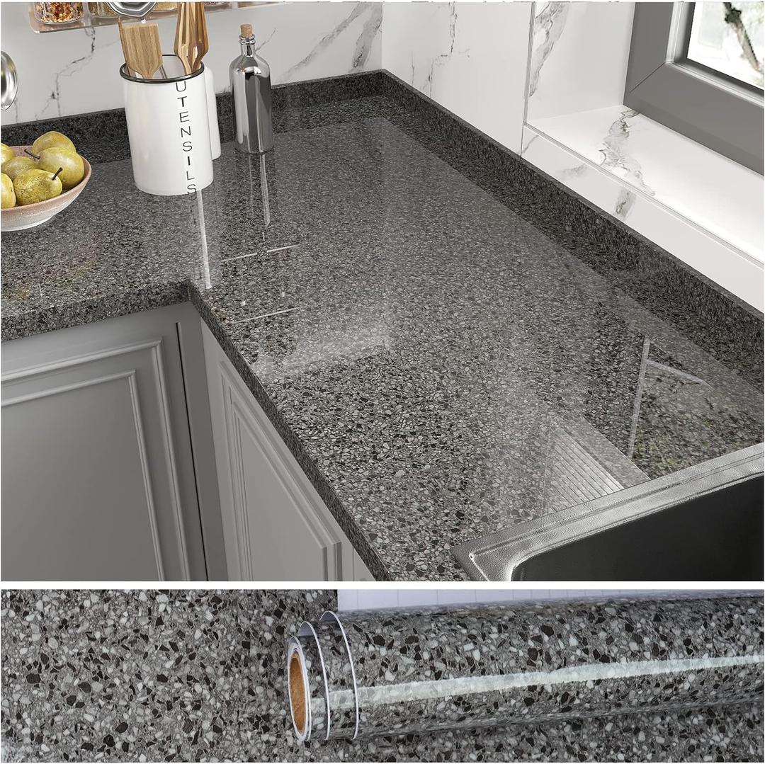 VEELIKE Dark Granite Countertop Peel and Stick Waterproof Countertop Contact Paper 32''x118'' Wide Marble Wallpaper for Countertops Removable Adhesive Countertop Vinyl Wrap for Bathroom Counter Table