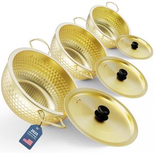Deep Saut Pan with Lid, Stainless Steel Saute Pan Set, Durable 8"+9"+10" PFOA Free Cookware, Dish washer & Oven Safe, Compatible with All Cooktops (Gold R1)