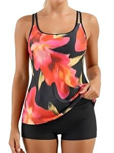 B2prity Women's Tankini Swimsuit Slimming Two Piece Bathing Suit Tummy Coverage Swimwear with Boy Short, Small, Red Yellow Floral, Black