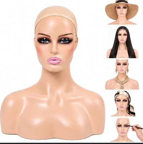 JINGFA Realistic Female Mannequin Head with Shoulders Manikin Head with Shoulder for Wig/Jewelry/Makeup/Hat/Sunglass Display