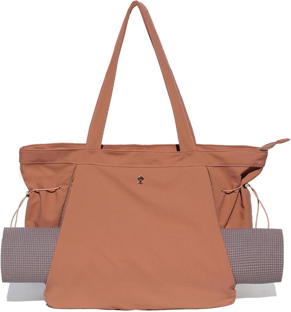 ESVAN Yoga Tote Bag for Women Shoulder Bags Drawstring for Office Workout Travel Carryall Pilates Gym and Beach (Pinklish Brown)