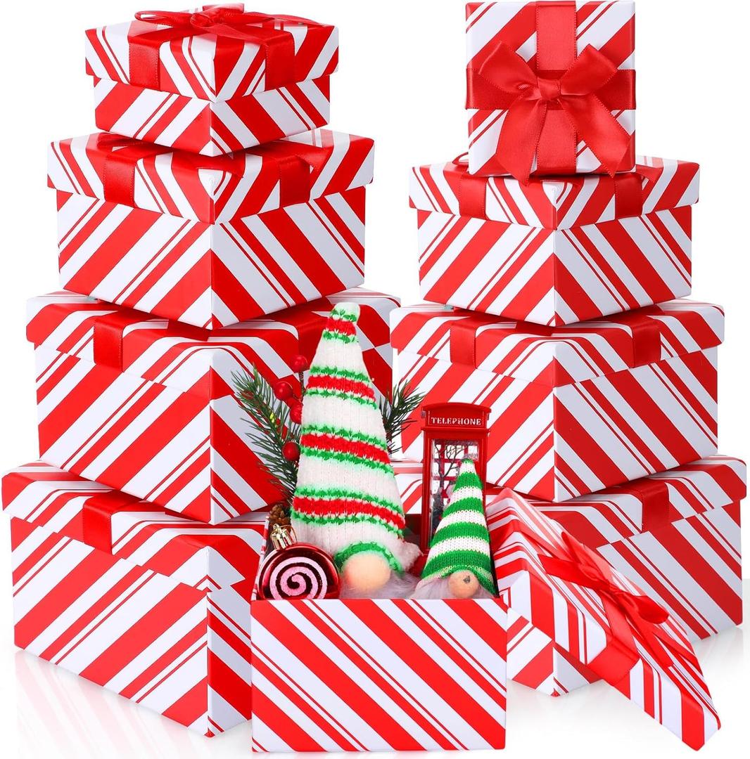 Zhanmai 8 Pcs Christmas Nesting Boxes Stackable Gift Boxes with Lids for Present Candy Cane Red White Green Christmas Boxes for Gifts Giving Holiday Decorative Present Wrapping (Red White, Square)