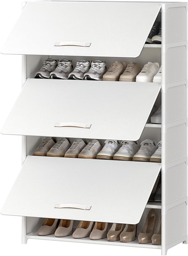 Shoe Rack, 7 Tier Shoe Storage Cabinet with Door 28 Pair Plastic Shoe Shelves Organizer for Closet, Entryway, Hallway, Bedroom, White