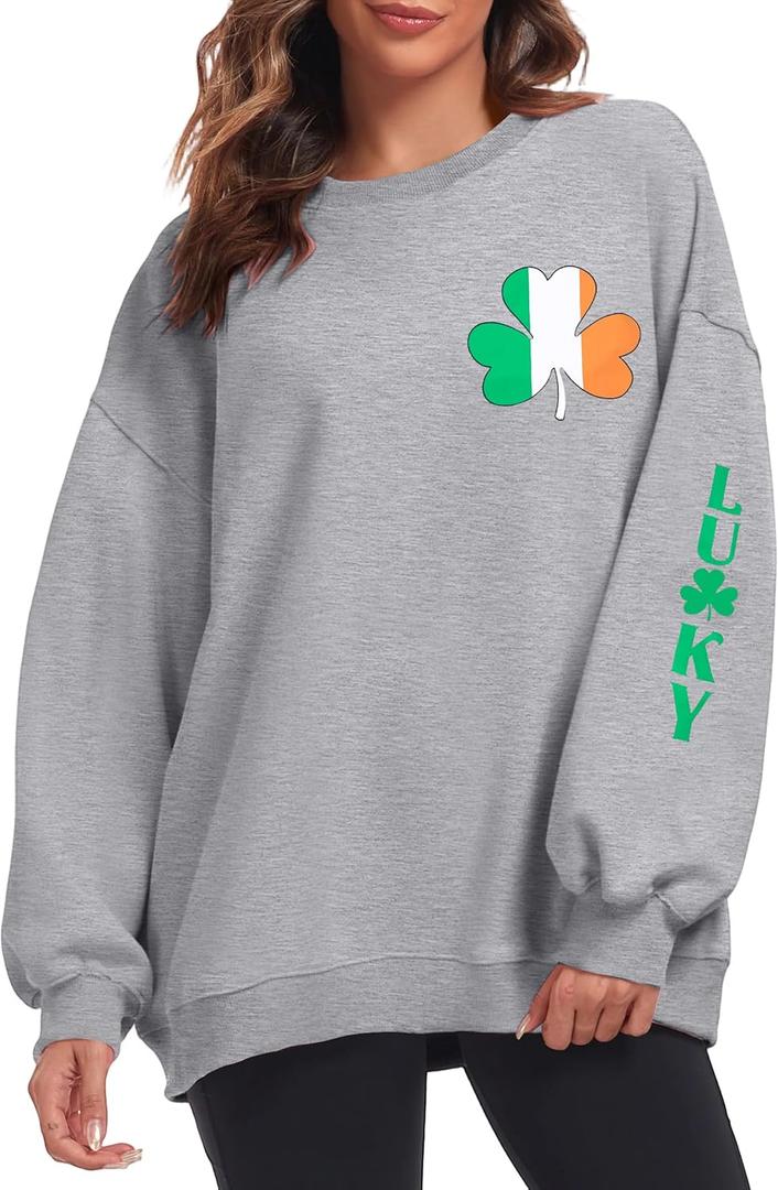 JINTING St Patricks Day Sweatshirt Women Irish Clover Long Sleeve Shirt Lucky Shamrock Graphic Pullover Tops (Small, Grey)