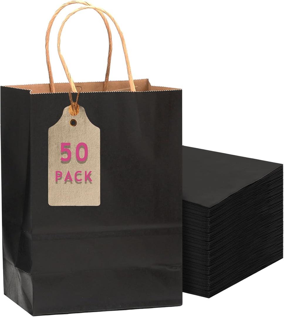 qiqee 50-Packs Black Paper Gift Bags with Handles Bulk 11"x8.3"x4.3" Medium Size Paper Bags Multiple Uses