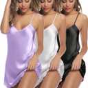 Litherday Women's 3 Pack Satin Nightgown Silk Mini Slips Sexy V Neck Negligee Lingerie Dress Chemise Nightwear M