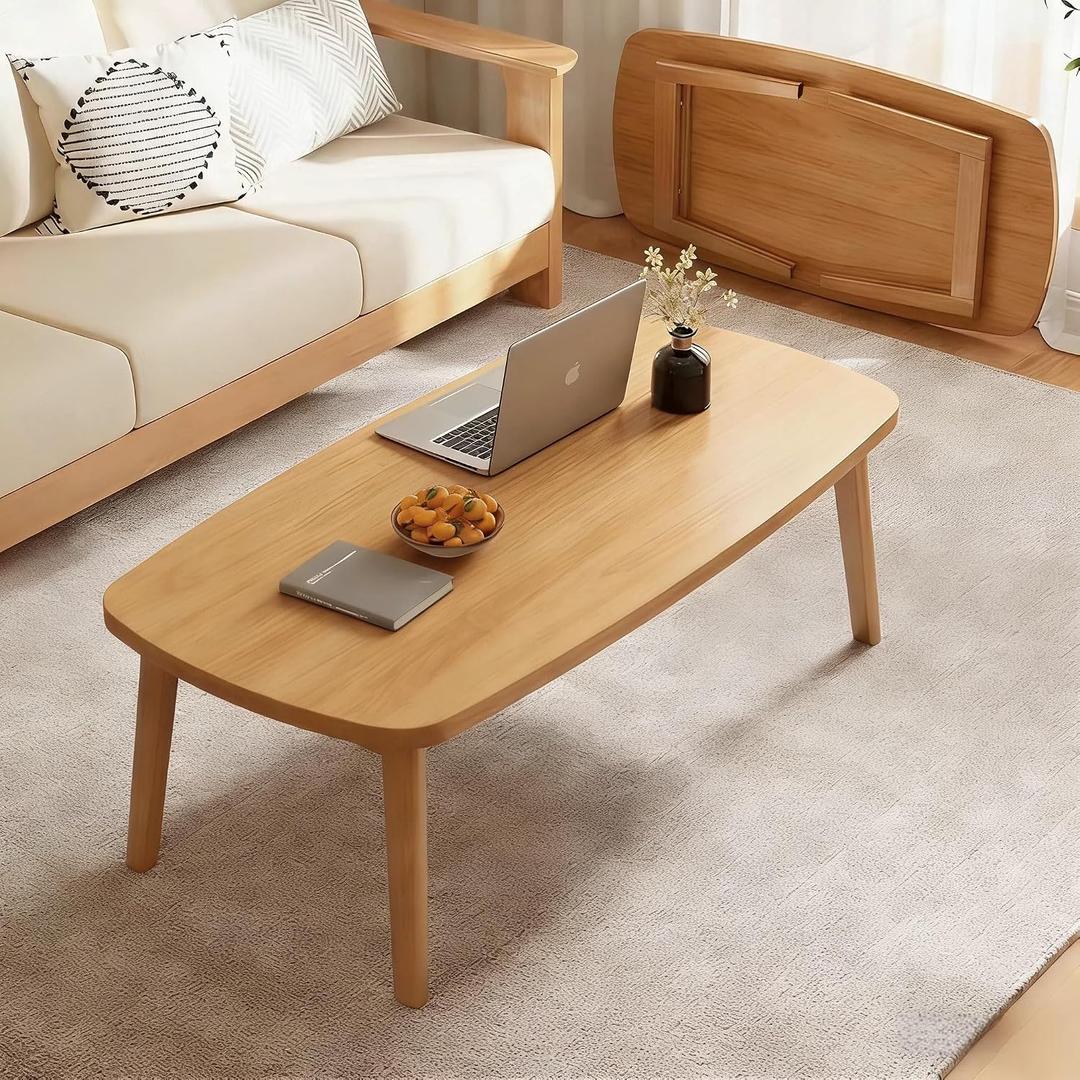 YLACMALS Foldable Coffee Table, Coffee Tables for Living Room, Foldable Legs Minimalist Solid Wood Side Table, Natural Wood Color.(39.4IN)