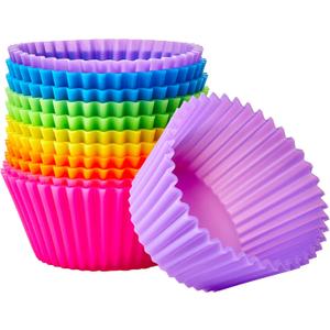 Amazon Basics Reusable Non-Stick Silicone Baking Cups, BPA Free, Muffin Liners, Dishwasher Safe, Microwave and Oven Safe, 2.9 x 2.9 x 1.3 in (LxWxH), Multicolor, 12-Pack