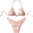MakeMeChic Women's Halter Triangle Thong Bikini Sets High Cut Swimsuit Bathing Suit Swimwear (Orange White)