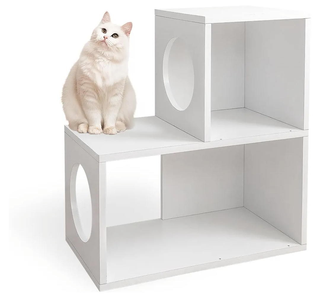 Anikitty Cat Stairs Shelf 2 Steps, cat Tree Climbing Shelf, Window Perch & Storage Solution, Stair Platform for Indoor Adult Cats, Made from Safe Sturdy Material, Versatile Ladder Direction, White