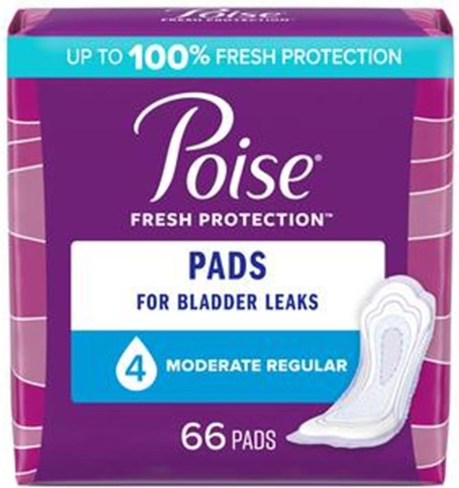 Poise Incontinence & Postpartum Pads for Bladder Leaks, 4 Drop Moderate Absorbency, Regular Length, 66 Count