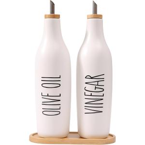 HOMCDALY Olive Oil and Vinegar Dispenser Set, 16oz Ceramic Oil Dispenser for Kitchen, Kitchen Dispenser Bottle for EVOO Vinegar Syrups, Modern Farmhouse Design | Set of 2 P-White