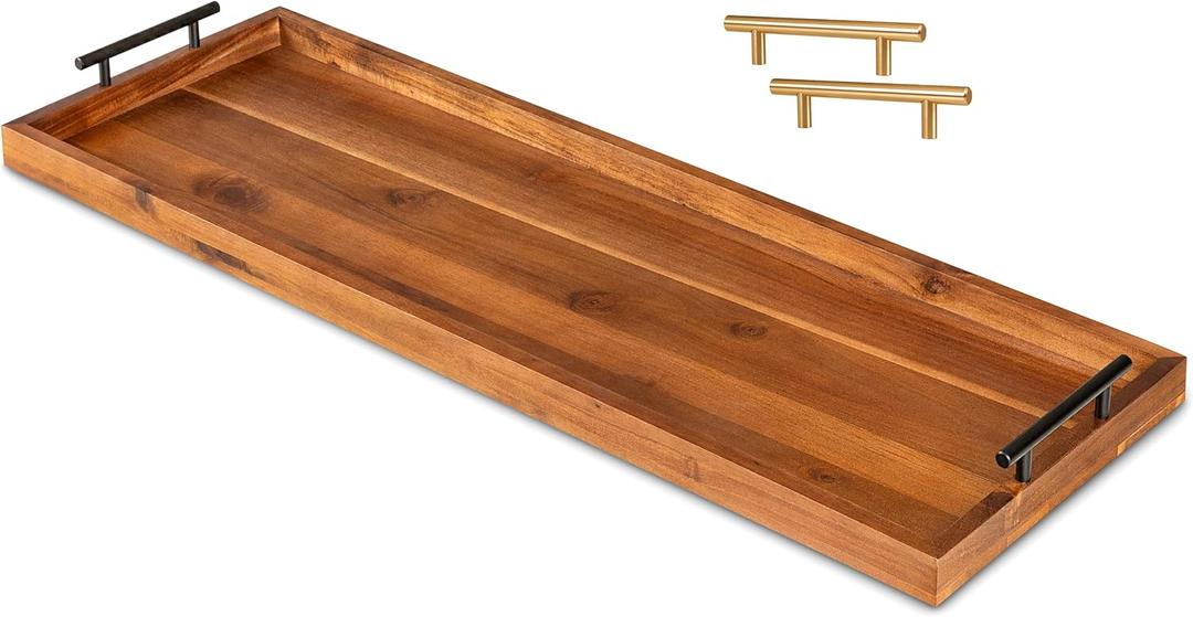 Large Acacia Serving Board with Metal Handles, 36 x 12 Inch Rectangular Charcuterie Board, Natural Wood Server Platter for Meat, Cheese Boards, and Party Appetizers, Extra Long Wooden Tray, 3ft