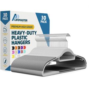 Lifemaster Plastic Clothes Hanger Set - 30 Pieces Versatile, Lightweight, Space-Saving, Non-Slip, Slim Designed, Dry and Wet Clothes Hanger Set with 360 Swivel Hook and Rubber Coating - Gray