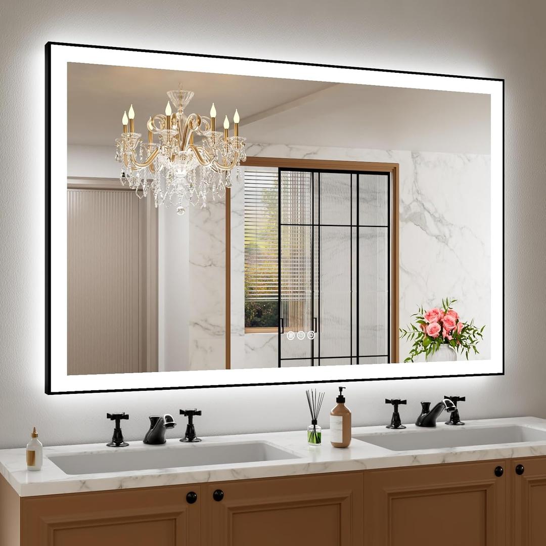 Amorho 55" X40" LED Bathroom Mirror with Black Frame, Front Light and Backlit(Controlled Separately), Stepless Dimmable, Anti-Fog, Shatter-Proof, 3 Colors, Memory