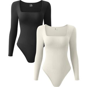 OQQ Women's 2 Piece Bodysuits Sexy Ribbed One Piece Square Neck Long Sleeve Tops (Large, Black Beige)