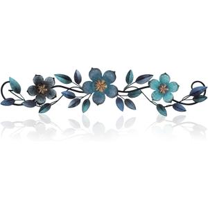 Wesiti Metal Flower Wall Decor Vintage Spring Metal Flower Wrought Iron Scroll Sculpture 15.7''x3.7'' Farmhouse Leaves Wall Decor with Nails for Spring Living Room Bedroom Indoor Outdoor(Blue)