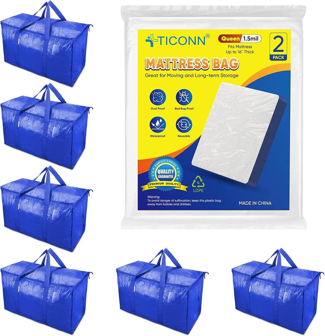 TICONN 6 Pack Extra Large Moving Bags +2PK Mattress Bag for Moving Storage