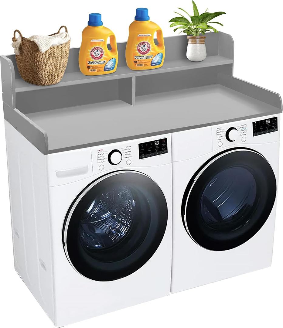 Royxen Laundry Countertop with 2-Tier Shelf Universal Fit, Washer and Dryer Countertop with Storage Space, Shelf Height 11.5 Inches, Solid Wood Core, Grey, 54 Inches Wide