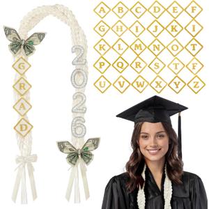 Class of 2026 Graduation Leis with Pearl Bows, 108 Patches Letters and Pearl 2026 Numbers DIY Graduation Ribbon Lei Double Braided Necklace for Senior Night College Grad Party Supply(White)
