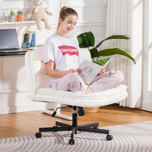 COMHOMA Criss Cross Chair With Wheels, Armless Wide Cross Legged Office Mid Back, Modern Home Desk Swivel Adjustable Vanity Computer, White Beige Velvet