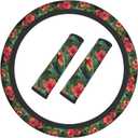 Tropical Floral Steering Wheel Cover Elastic Non-Slip Car Steering Wheel Covers with Seat Belt Shoulder Pad for Women Men
