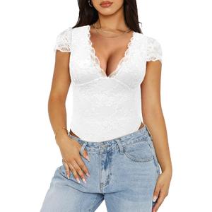 Saslax Women's Sexy Deep V Neck Lace Bodysuit Short Sleeve Double Lined Thong Body Suit for Going Out Date Night Club (Large, White)
