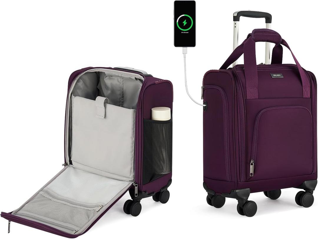 MILADA Underseat Carry On Luggage with Wheels, Airline Approved 16-inch Spinner Small Suitcase, Softside Travel Luggage, Personal Item Overnight Bag, Business Mini Suitcase for Women and Men, Purple