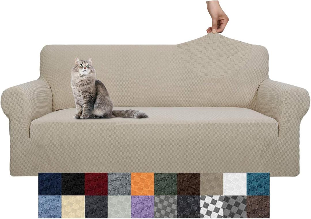 YEMYHOM Couch Cover Latest Jacquard Design High Stretch Sofa Covers for 3 Cushion Couch, Pet Dog Cat Proof Slipcover Non Slip Magic Elastic Furniture Protector (Sofa, Khaki) (Large (71"-91"))