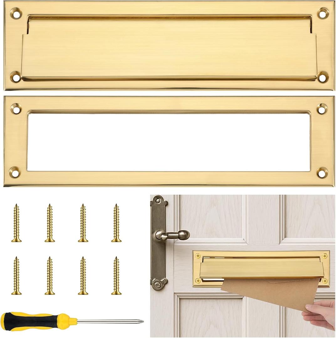 1 Pack Solid Brushed Mail Slot with Solid Interior Frame Set 13" x 3.7" Door Mail Slot Catcher Mailbox Door Replacement for Wall(Gold,Brass)