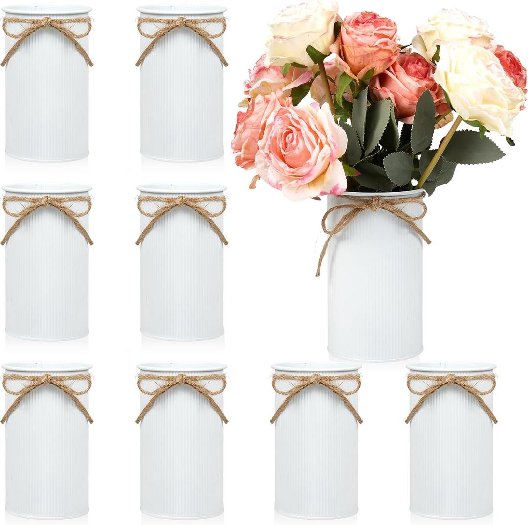 8 Pcs Large Farmhouse Vase with Twine Bow, 6x3.6 in Vintage Flower Vase Decor, Galvanized Metal Flower Vases Rustic Vase for Table Centerpiece Weddings Home Decoration (White)