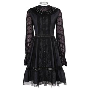 COSTHAT Women Girls Lydia Deetz Dress Costume Halloween Lydia Deetz Black Dress Gothic Outfits (Black, M-L)