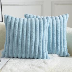 MANDIOO Pack of 2 Decorative Throw Pillow Covers Faux Fur Striped Plush Soft Cushion Covers Pillow Cases Bedroom Living Room Sofa Home 16x16 Inch Light Blue