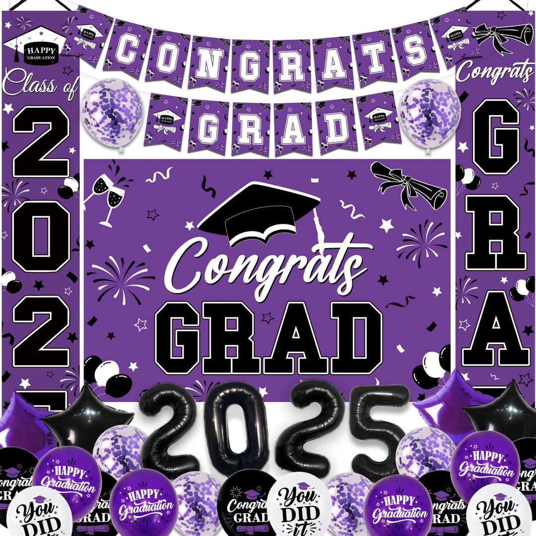 Graduation Decorations Class of 2025 - Purple Graduation Party Supplies Include Backdrop, Banner, Hanging Swirls, Porch Sign, Balloons, Foil Number 2025 for Congrats Grad Decorations