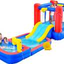 Inflatable Bounce House with Water Sprayers, Water Slides Park with Blower, Dartboard, Basketball Hoop, Deep Pool
