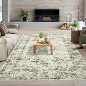 Washable Rug 8x10 Large Living Room Rug Vintage Distressed Bedroom Indoor Non-Slip Stain Resistant Throw Floor Cover Carpet Traditional Accent Carpet for Home Office Dining Room, Beige