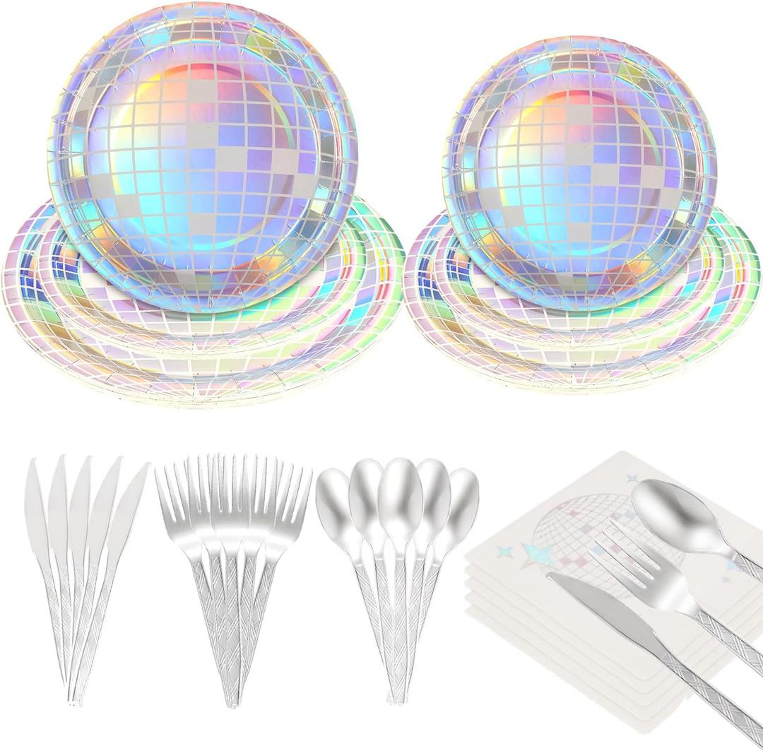 144 Pieces Disco Party Silver Disco Plates And Napkins Forks Spoons And Knives Disco Ball Theme Party Decorations 70s Disco Party Tableware Set Disco Party Decorations