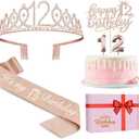 12th Birthday Decorations for Girls Including Sash, Crown/Tiara, Candles and Cake Topper, Rose Gold 12 Year Old Birthday Party Decorations for A Girl