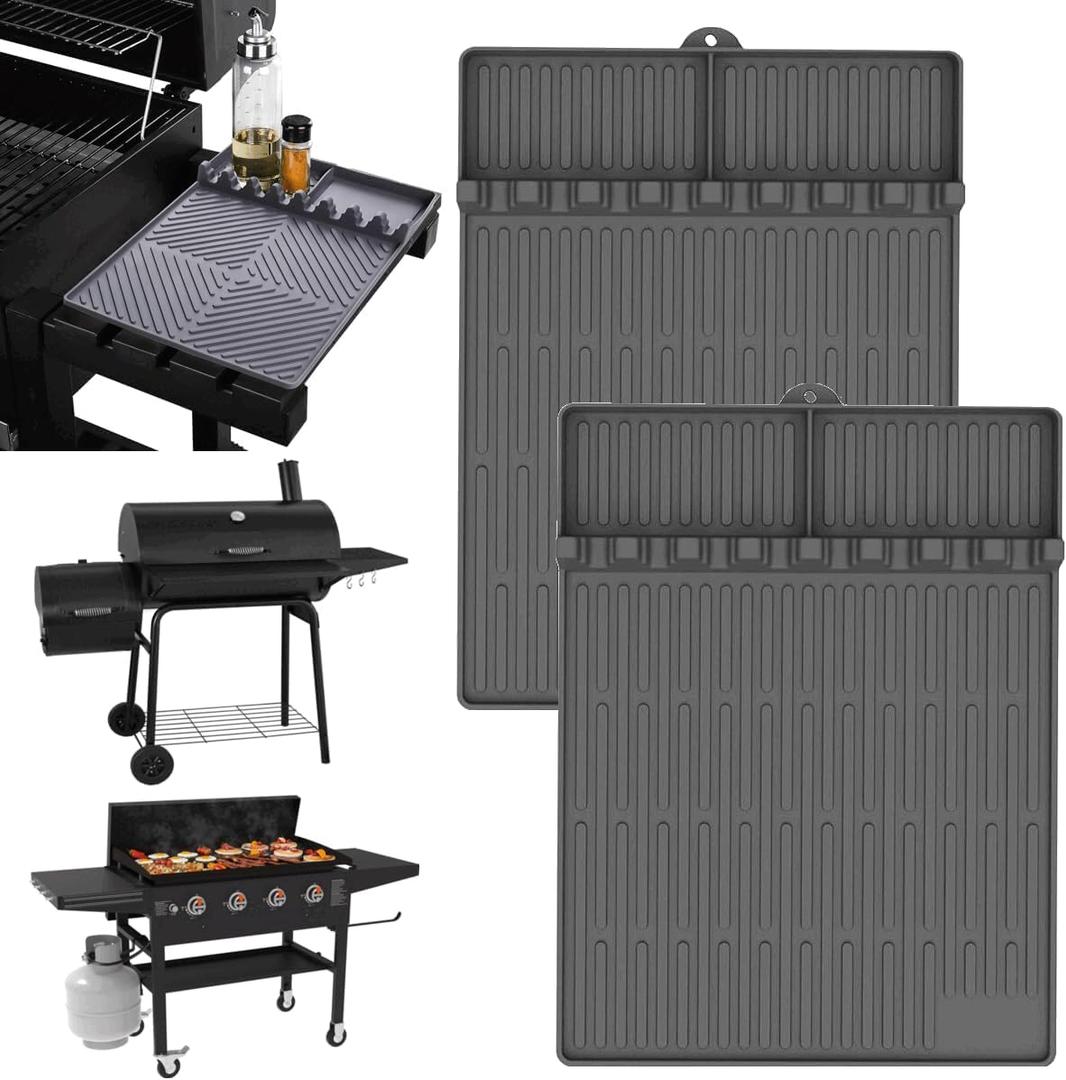 GriddleMATe Silicone Griddle Tool Mat ? Heat Resistant Non-Slip Side Shelf Tray for Griddle Accessories, BBQ Tool Organizer for Blackstone, Pit Boss, Camp Chef & Flat Top Grills (2 pack, gray)