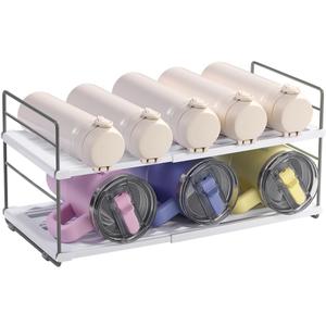 Water Bottle Organizer For Cabinet, Adjustable Tumbler Storage, Expandable 2 Tier Cup Organizer For Kitchen, Water Bottle Shelf Rack Holder For Pantry Countertop Fridge, White