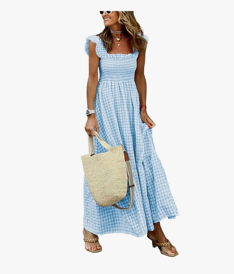 Women's Retro Plaid Smocked Dress Spaghetti Strap Flounce Long Dress Small