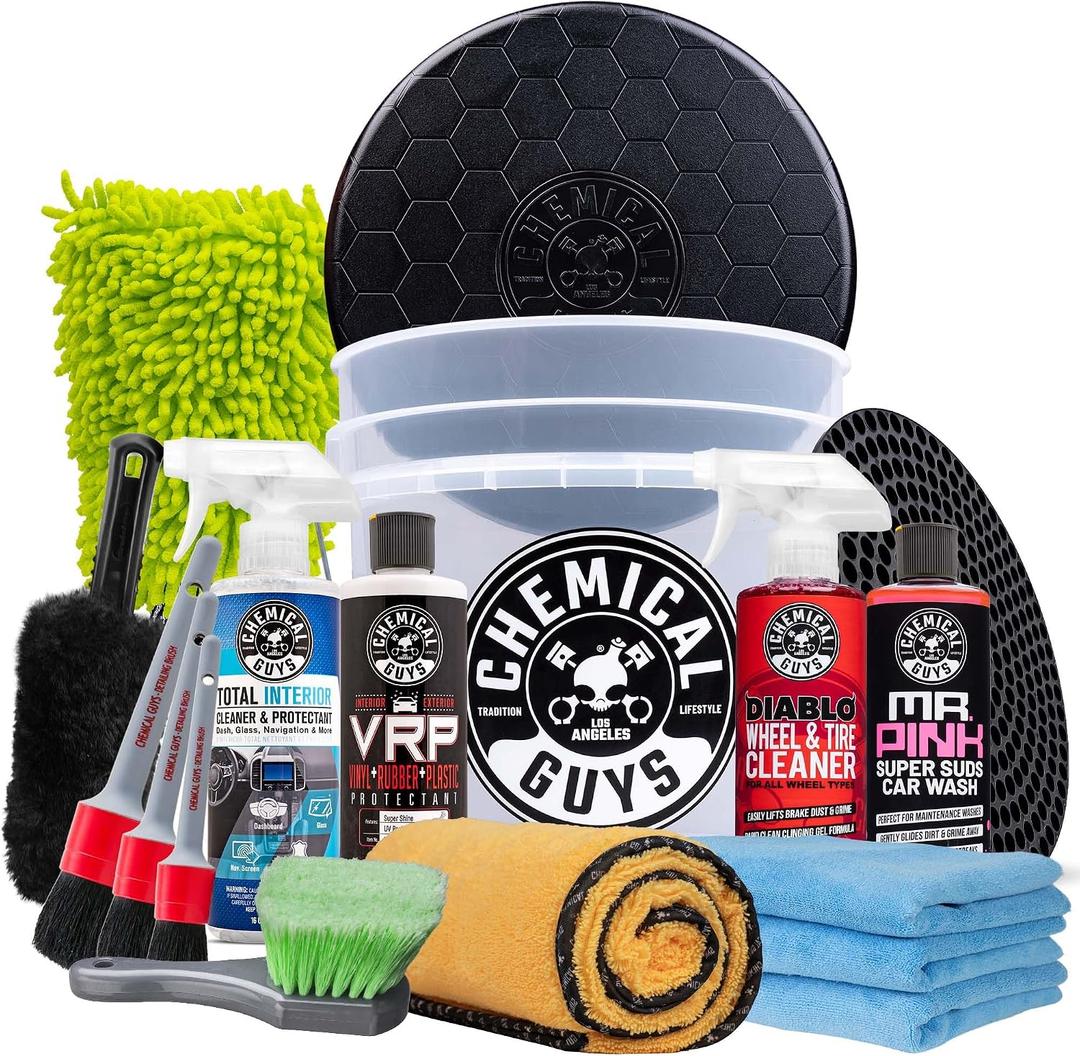 Chemical Guys Car Detailing Kit, Car Cleaning Kit with Total Interior Cleaner & Protectant, Sprayable Wheel Cleaner, Car Wash Soap, Bucket, Brushes, and Detailing Accessories - 17 Piece Wash Kit, 3.76 Fl Oz