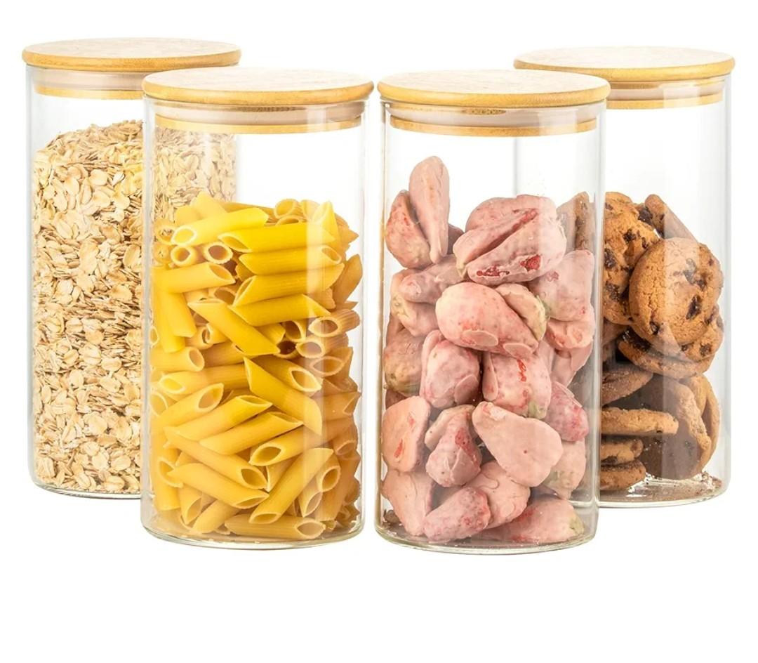 4 Pack 42oz Glass Jars with Bamboo Lids,Glass Storage Containers with Lids,Clear Airtight Food Storage Jar for Flour,Oat,Coffee,Tea,Sugar,Cookies,Pantry Organizers 3mm Thick Canisters